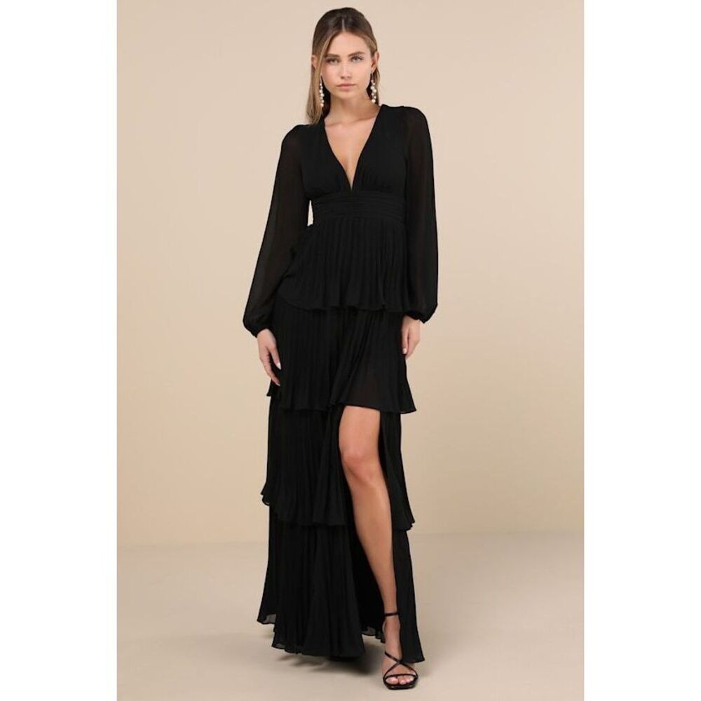 Lulus Graceful Finesse Black Pleated Long Sleeve Maxi Dress